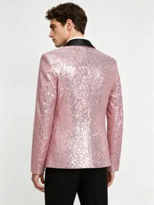 Detail view of men's pink sequin blazer back, stylish party wear jacket with black lapel.