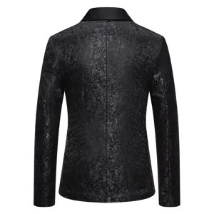 Men black floral jacquard blazer detail view, elegant satin shawl lapel evening suit jacket.