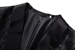 Close-up detail view of black jacquard shawl lapel suit jacket collar and inner lining.