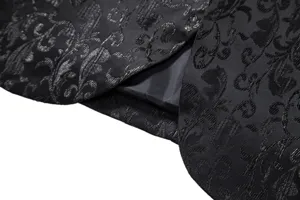 Men's black jacquard suit jacket detail view, elegant floral pattern formal blazer.