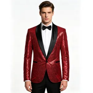 Men's Red Sequin Blazer Jacket Glossy Stage Prom Party Tuxedo Suit Main Image View