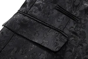 Men's black jacquard suit jacket pocket detail, premium fabric fashion design for autumn winter.