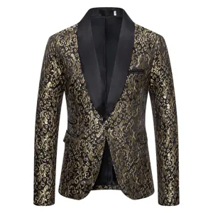 Mens black gold jacquard shawl lapel suit jacket luxury floral party blazer outerwear