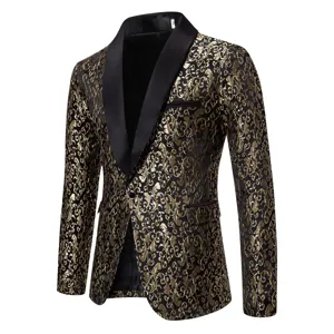Close-up of men's black gold jacquard blazer detail showcasing the elegant shawl lapel design.