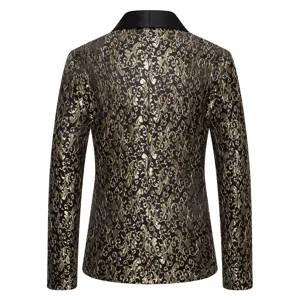 Detail view of the elegant black and gold jacquard men's blazer jacket with shawl lapel.