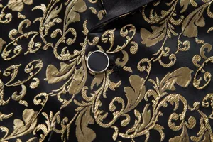 Black gold jacquard suit jacket fabric detail close-up, luxury baroque style blazer lapel.