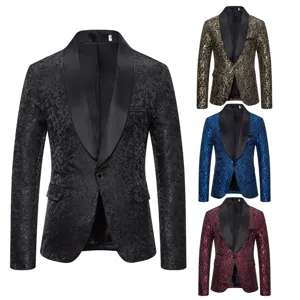 Men's fashion floral jacquard suit jacket with shawl lapel slim fit casual blazer outerwear.