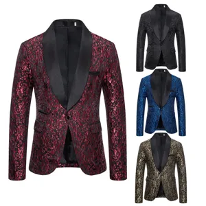 Men's fashion floral jacquard shawl lapel single button blazer formal suit jacket