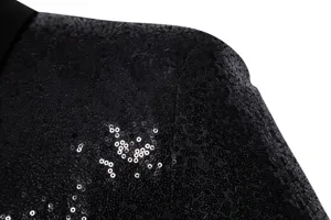 Black sequin blazer detail shot, sparkling fabric texture and shoulder close up view