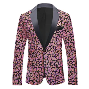 Detalle de cerca de la chaqueta de lentejuelas para hombre con elegante solapa de chal negro.