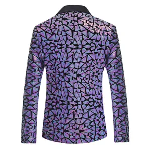 Detalle de chaqueta de lentejuelas coloridas para hombre, blazer de fiesta para escenario.