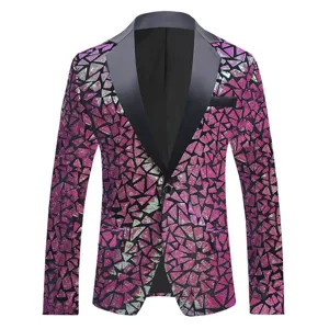 Detalle de chaqueta de traje con lentejuelas para hombre, tela geométrica brillante.