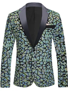 Blazer de Lentejuelas para Hombre Chaqueta de Traje de Fiesta Patchwork Geométrico Manga Larga Solapa de Muesca Un Botón Prenda de Escenario