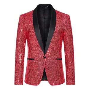 Men's Red Sequin Blazer Black Shawl Lapel Shiny Party Suit Jacket Outerwear New 2025