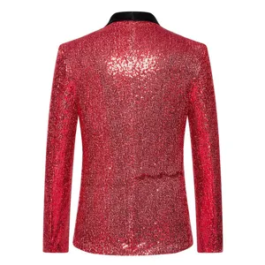 Close-up back view of men's red sequin blazer jacket showing sparkling texture detail.