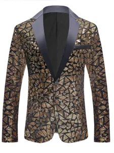 Elegante blazer de lentejuelas para hombre con patrón geométrico dorado y solapa de satén.