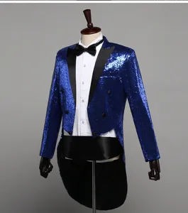 Detail view of men's blue sequined tuxedo jacket with black lapel and matching bow tie.