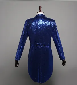 Men's blue sequin tailcoat blazer for party performance night club fashion apparel style