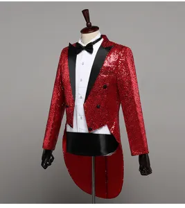 Men's Red Sequin Tailcoat Tuxedo for Stage Performance Party Nightclub Suit Jacket