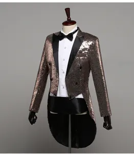 Men's fashion sequin tailcoat tuxedo jacket with satin lapel for party nightclub show.