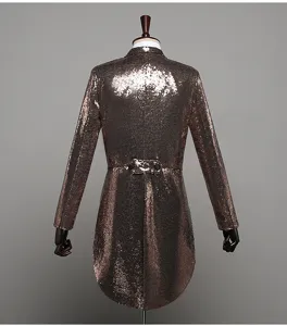Back view detail of men sequin tailcoat, sparkling stage performance party jacket.