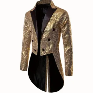 Men's Shiny Gold Sequin Tailcoat Tuxedo Jacket Party Club Stage Performance Outerwear