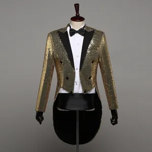 Men gold sequin tailcoat suit for party stage performance night club fashion wear.