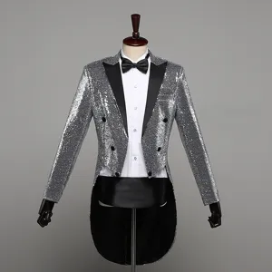 Silver sequin tuxedo tailcoat detail view, showing exquisite sequin texture and classic cut.