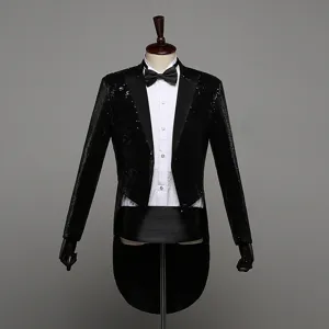 Details of the mens black sequin tailcoat tuxedo jacket featuring formal party performance design.