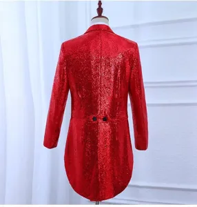 Men's red sequin tailcoat blazer, stylish stage performance suit for party, club and banquet.