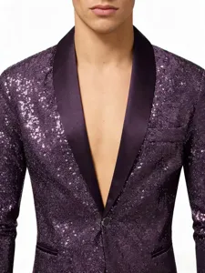 Men's purple sequin blazer detail view showcasing shiny fabric and elegant satin shawl lapel design.
