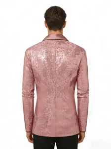 Close-up back view of the men pink sequin blazer showcasing smooth satin lapel.