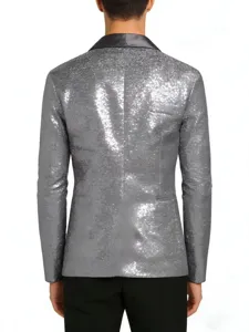 Detailed view of the dazzling silver sequin men's blazer back design with black satin lapel.