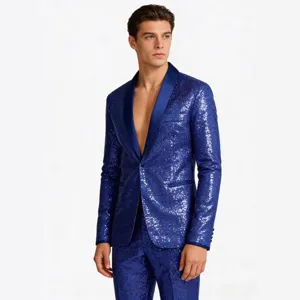 Men's blue sequin suit jacket and pants set, stylish party club stage performance wear.