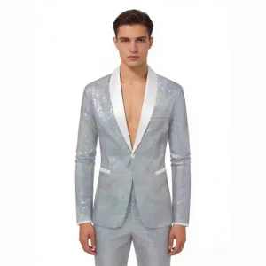 Chaqueta de traje con lentejuelas brillantes para hombre con solapa chal blanca fiesta