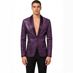Men's purple sequin blazer party clubwear stylish single button shawl lapel jacket