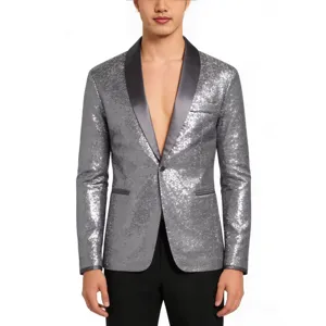 Men's silver sequin blazer jacket, stylish shiny party clubwear suit coat for men.