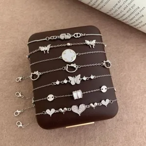 Elegant Copper Rhinestone Adjustable Chain Bracelet Collection For Women Minimalist Sweet Sweet Butterfly Heart Clover Hand Jewelry Stackable Link Bracelets Gift