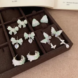 Fresh Mint Green Butterfly Bow Stud Earrings Sweet Rhinestone Inlaid Small Design 925 Sterling Silver Post Alloy Jewelry