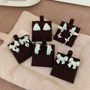 Mint green butterfly earrings set, sweet rhinestone bow stud earrings, chic trendy jewelry.