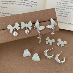 Mint green butterfly bow earrings set sweet rhinestone studs cute niche design jewelry