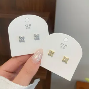 Retro quadratische vierblättrige Zirkon Ohrringe, Gold Silber minimalistischer Schmuck.