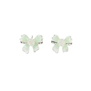 Fresh mint green bow stud earrings with white rose center, sweet niche design jewelry for girls.