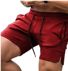 Men's sports fitness shorts with zipper pockets and adjustable drawstring in dark red summer style.