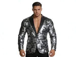 Close-up detail of men's silver paisley sequin suit blazer, elegant satin lapel texture.