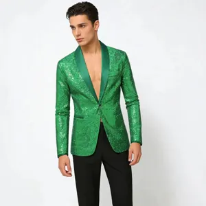 Chaqueta de Traje con Lentejuelas de Moda para Hombre Solapa Chal Monopetto Un Botón Blazer de Actuación