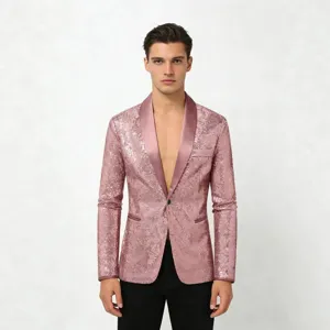Homme brillant rose sequins blazer fête club de nuit smoking veste slim fit manteau