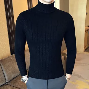 Men's Autumn Winter Turtleneck Cable Knit Sweater Slim Fit Casual Long Sleeve Pullover Thermal Cotton Blend Knitwear