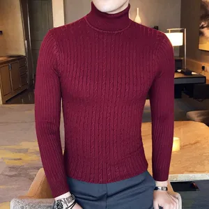 Men's wine red turtleneck cable knit sweater, slim fit autumn winter thermal pullover.