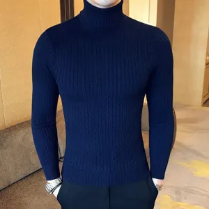 Men's dark blue turtleneck cable knit sweater slim fit long sleeve apparel main view.